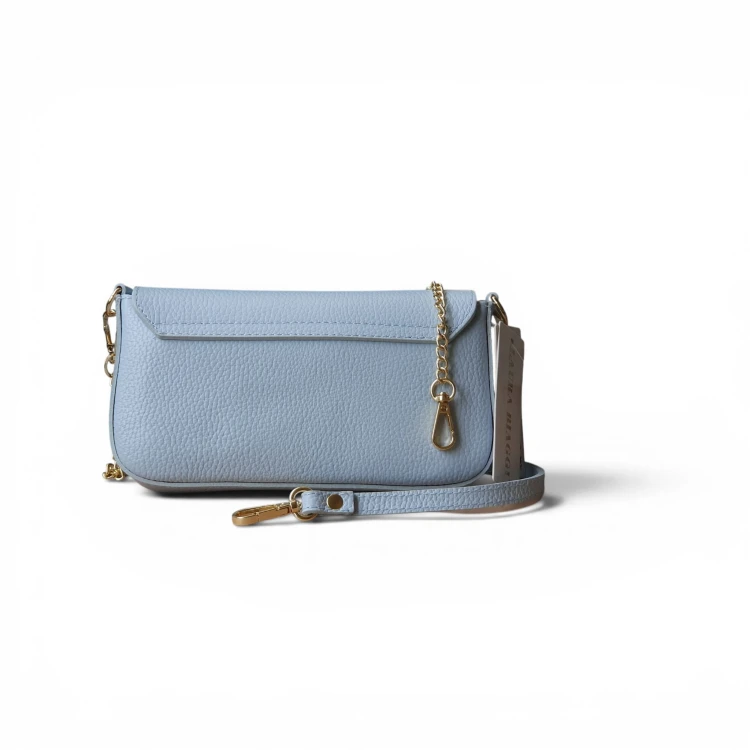 Elegancka torebka crossbody Laura Biaggi błękitna ze złotym łańcuszkiem