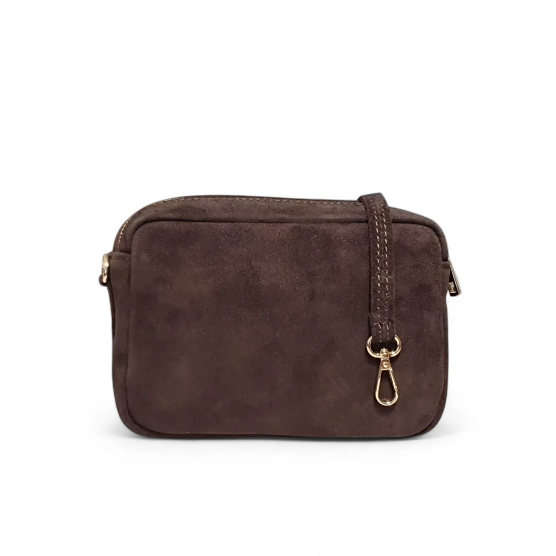 Elegancka torebka zamszowa Laura Biaggi w kolorze czekoladowym z dwoma komorami i paskiem crossbody.