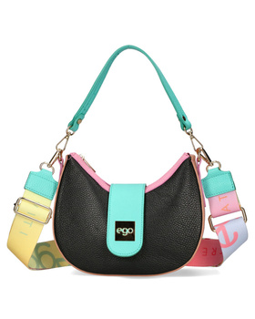 Mała torebka damska na ramię EGO Creativity skóra naturalna czarna z kolorowym paskiem