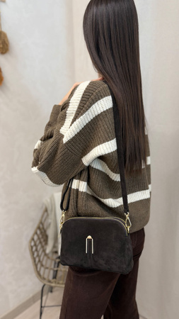 Czekoladowa skórzana zamszowa dwukomorowa  listonoszka